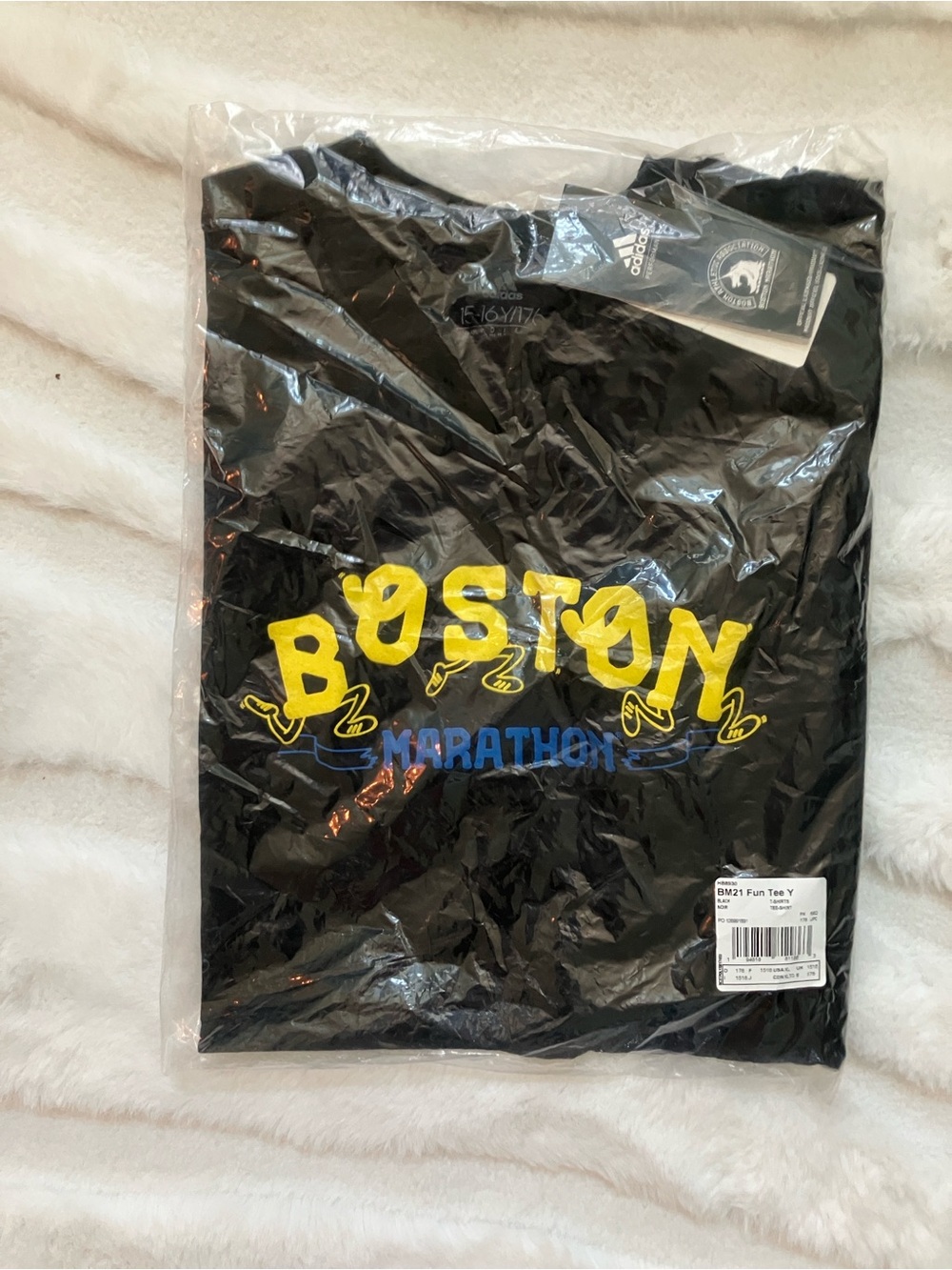 adidas Black Boston Marathon Graphic Tee with Yellow & Blue Print